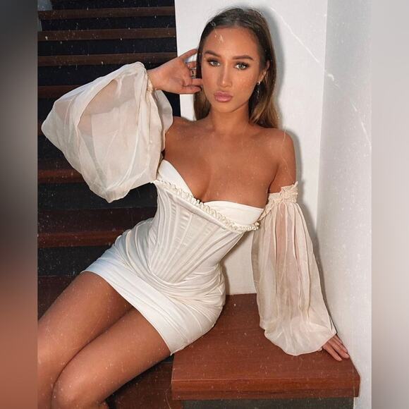 HOUSE OF CB Beau White Ivory Draped Corset Bustier Dreamy Flowy Chiffon Dress - Picture 2 of 16